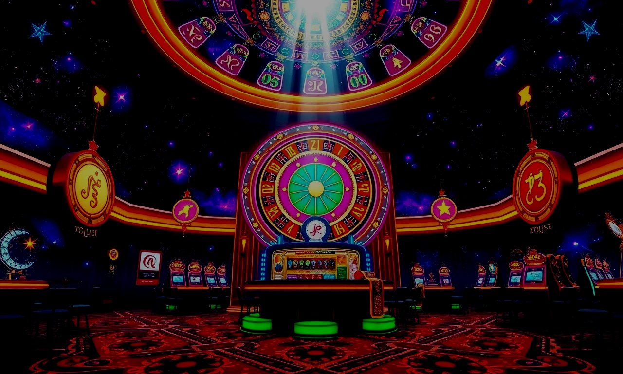 Cosmic casino background featuring zodiac symbols and stars